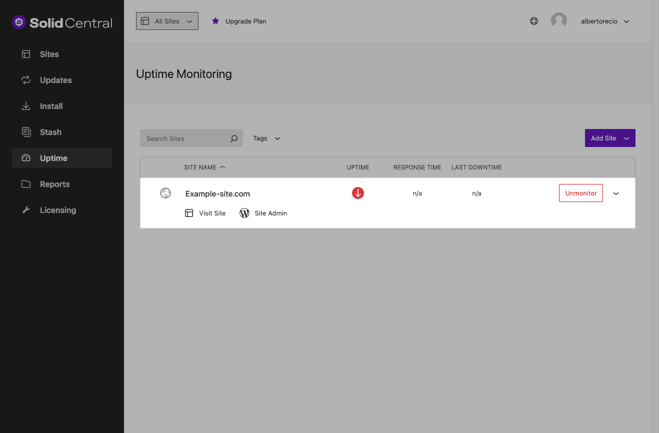 Example-site.com has been successfully added to Solid Central.