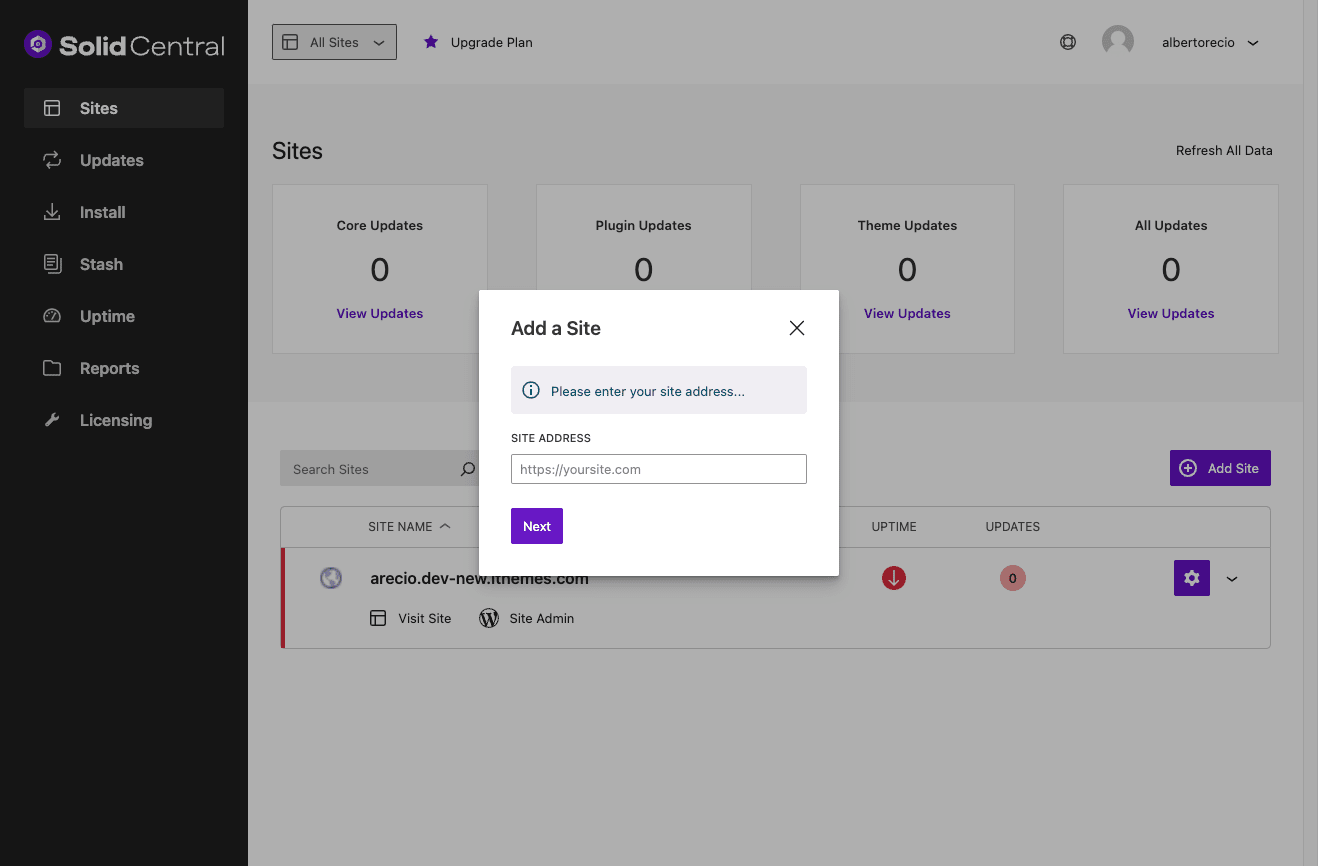 Adding a site to Solid Central.