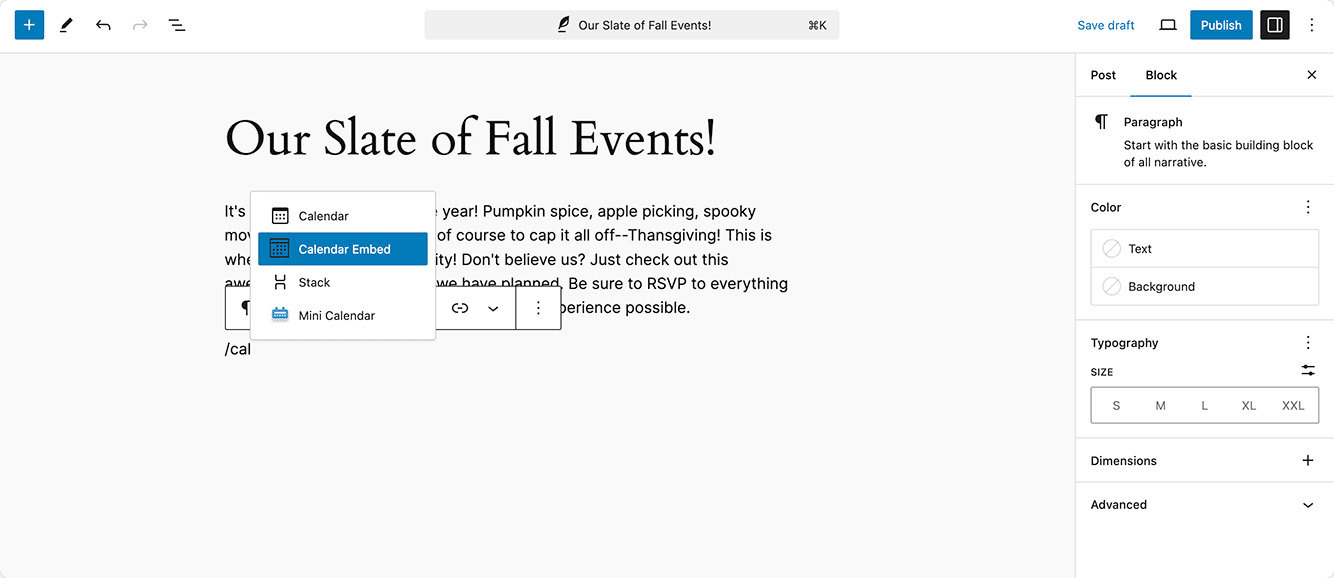 The Events Calendar Pro’s calendar embed block
