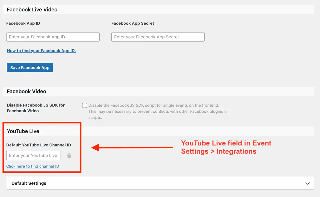 YouTube Live field in Event Settings > Integrations