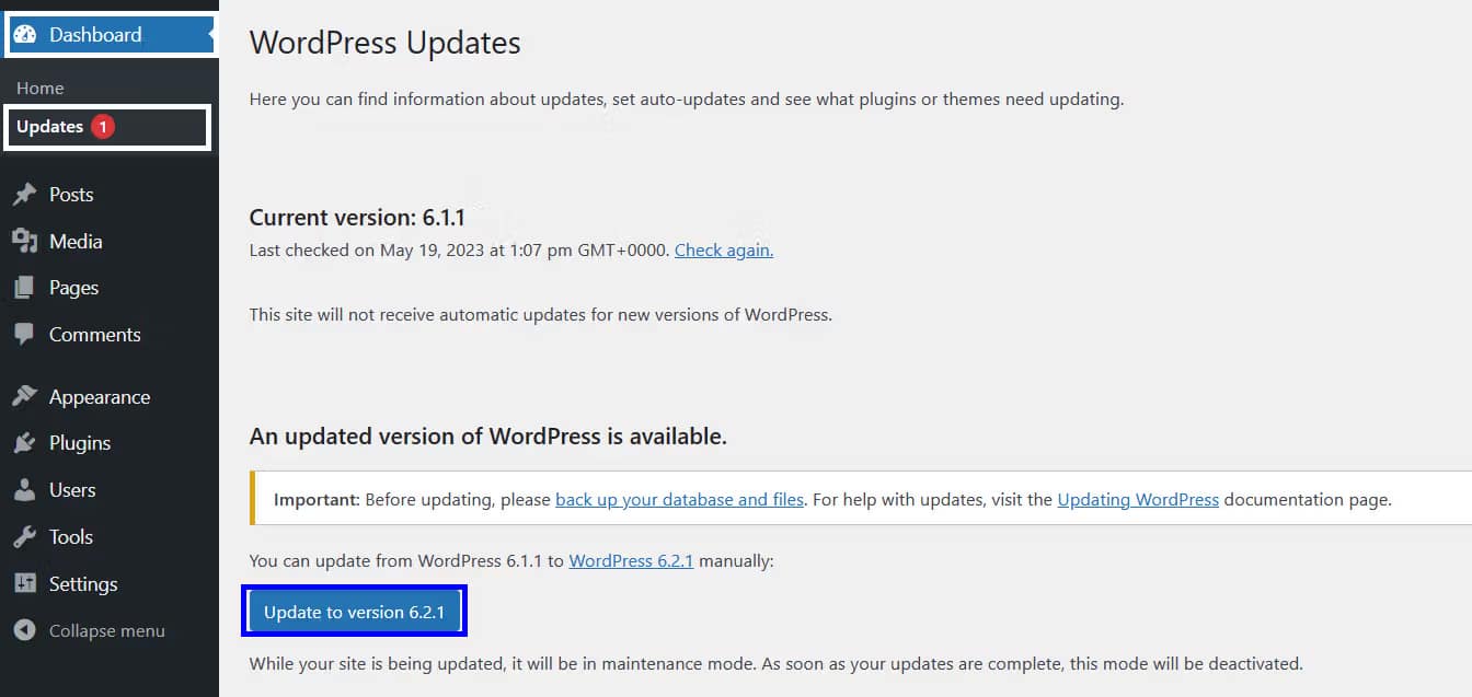 wordpress update screenshot