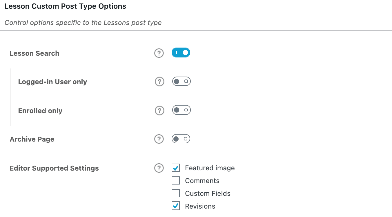 Lesson Custom Post Type Options