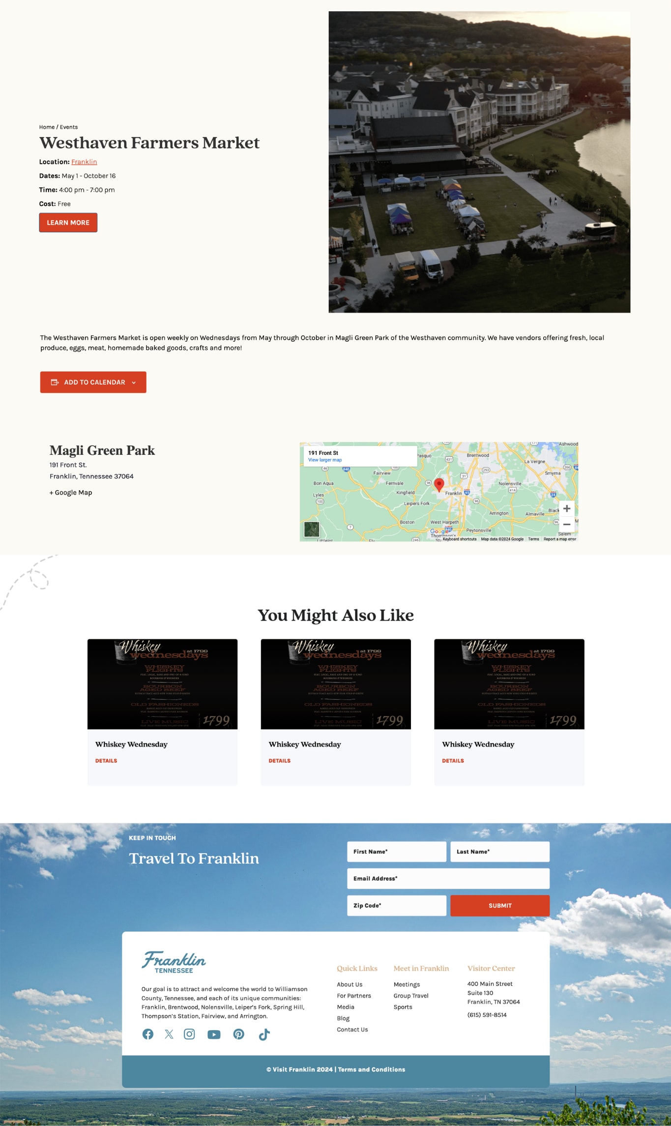 Main calendar webpage of events