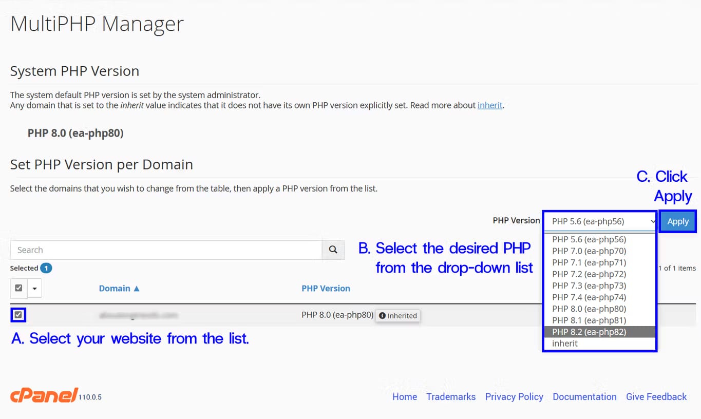 php manager in cpanel
