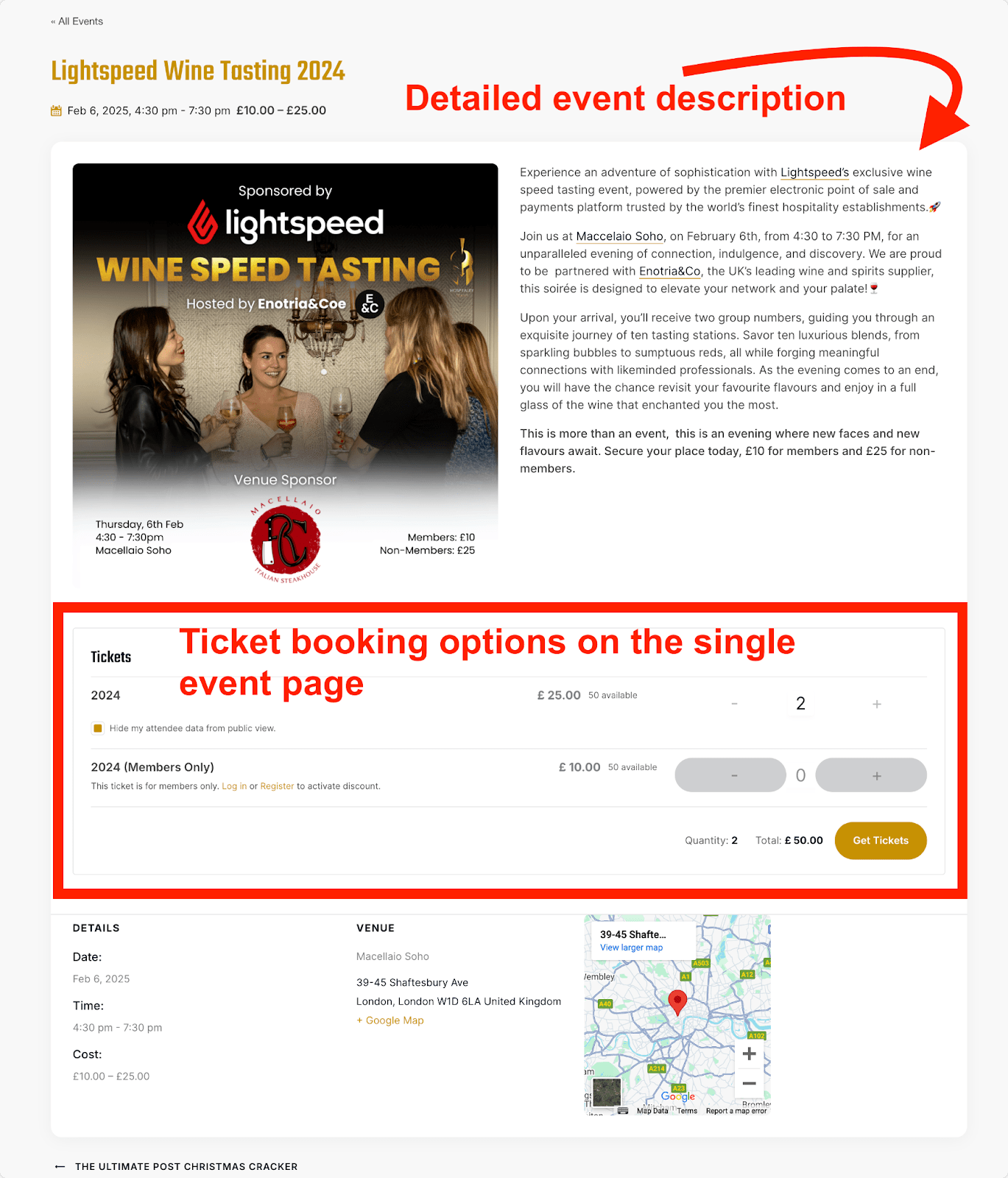 Single events page with detailed information and ticket booking options for the event
