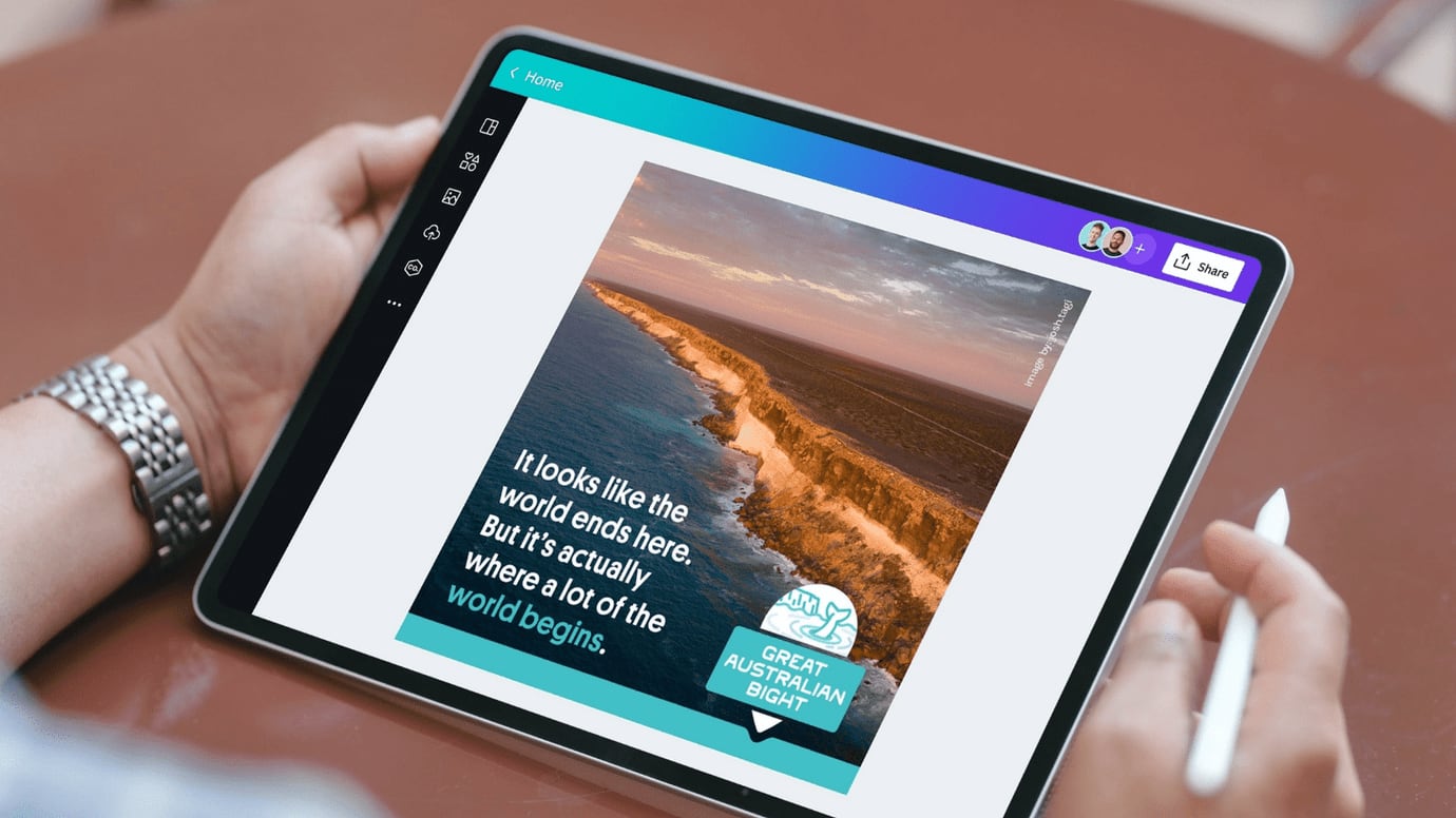 An iPad is held between two hands, one hand is also holding an apple pencil. The screen displays a Canva design by The Wilderness Society.