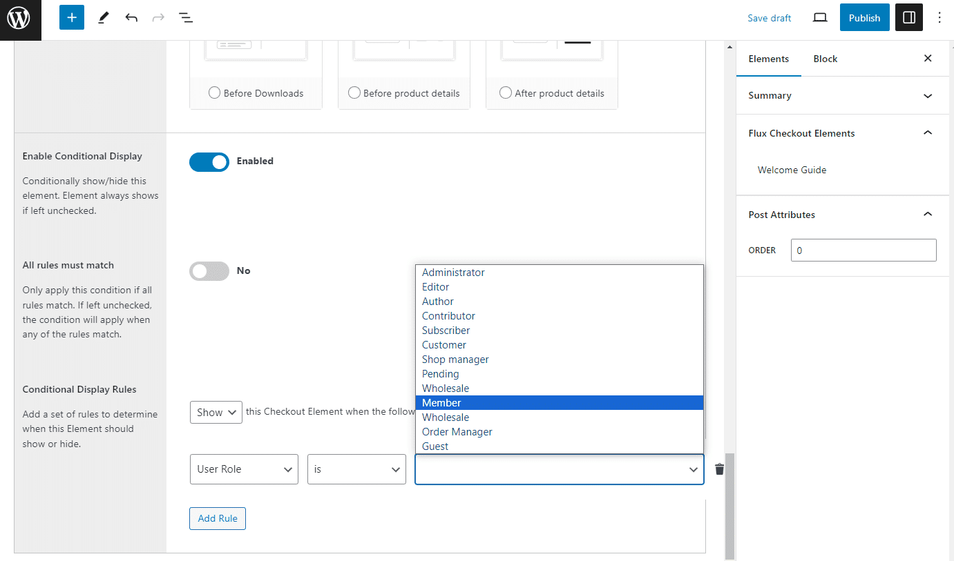 wcoommere conditional checkout user role