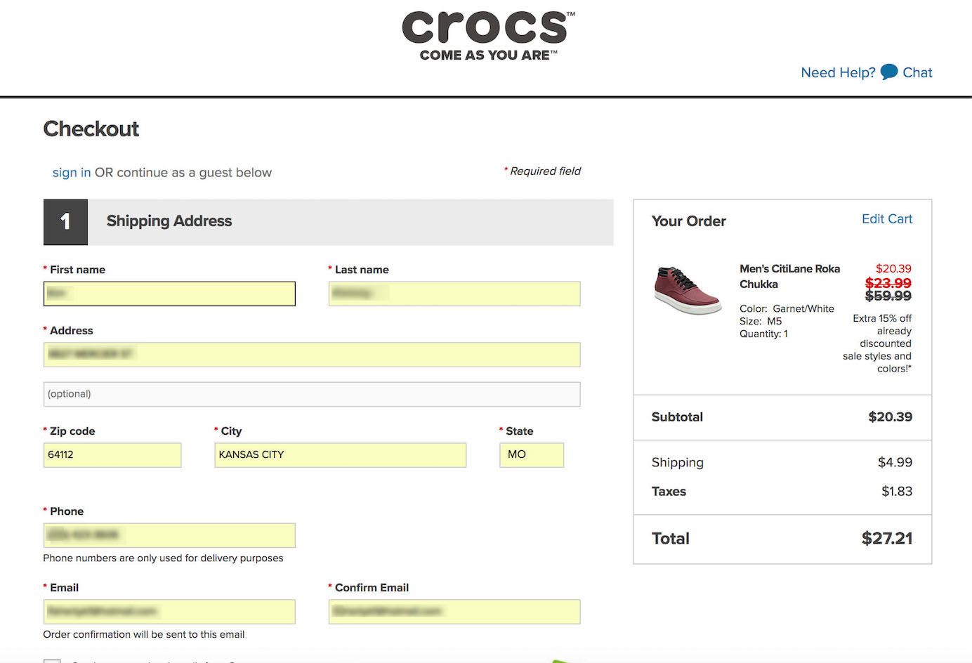 Crocs is transparent about fees and costs on its cart checkout page.