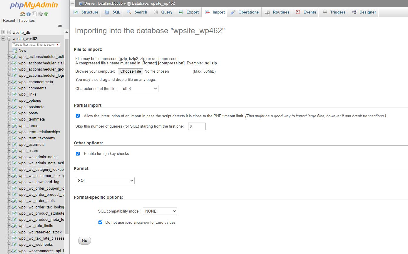The phpMyAdmin tool will present you with multiple options that will specify the import operation behavior. Typically, you can leave the default values in place unless you know what exactly you would like to change.