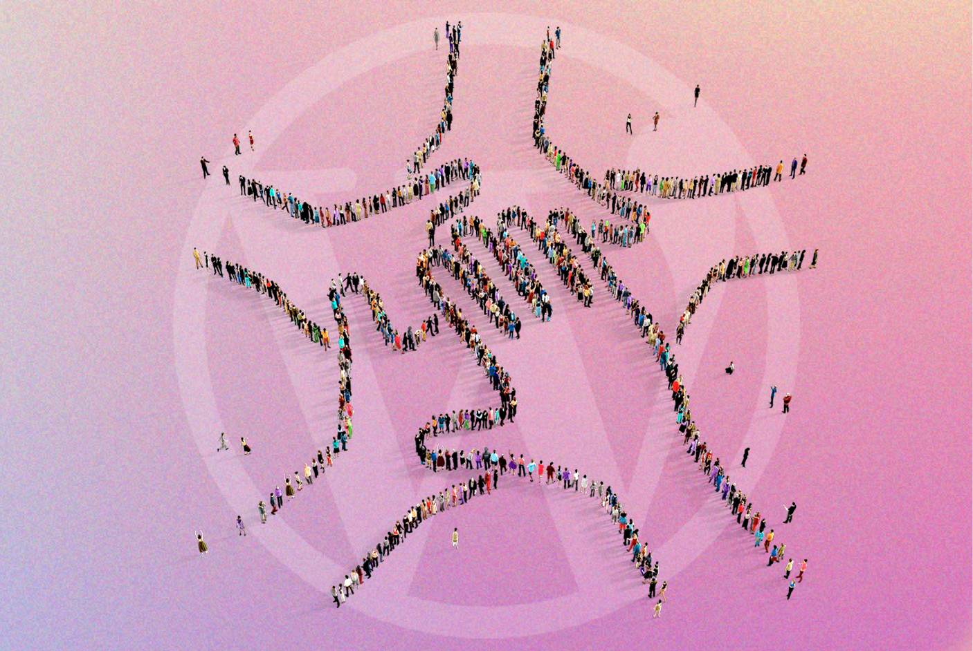 Many people from high above who are lined up in the form of hands coming together