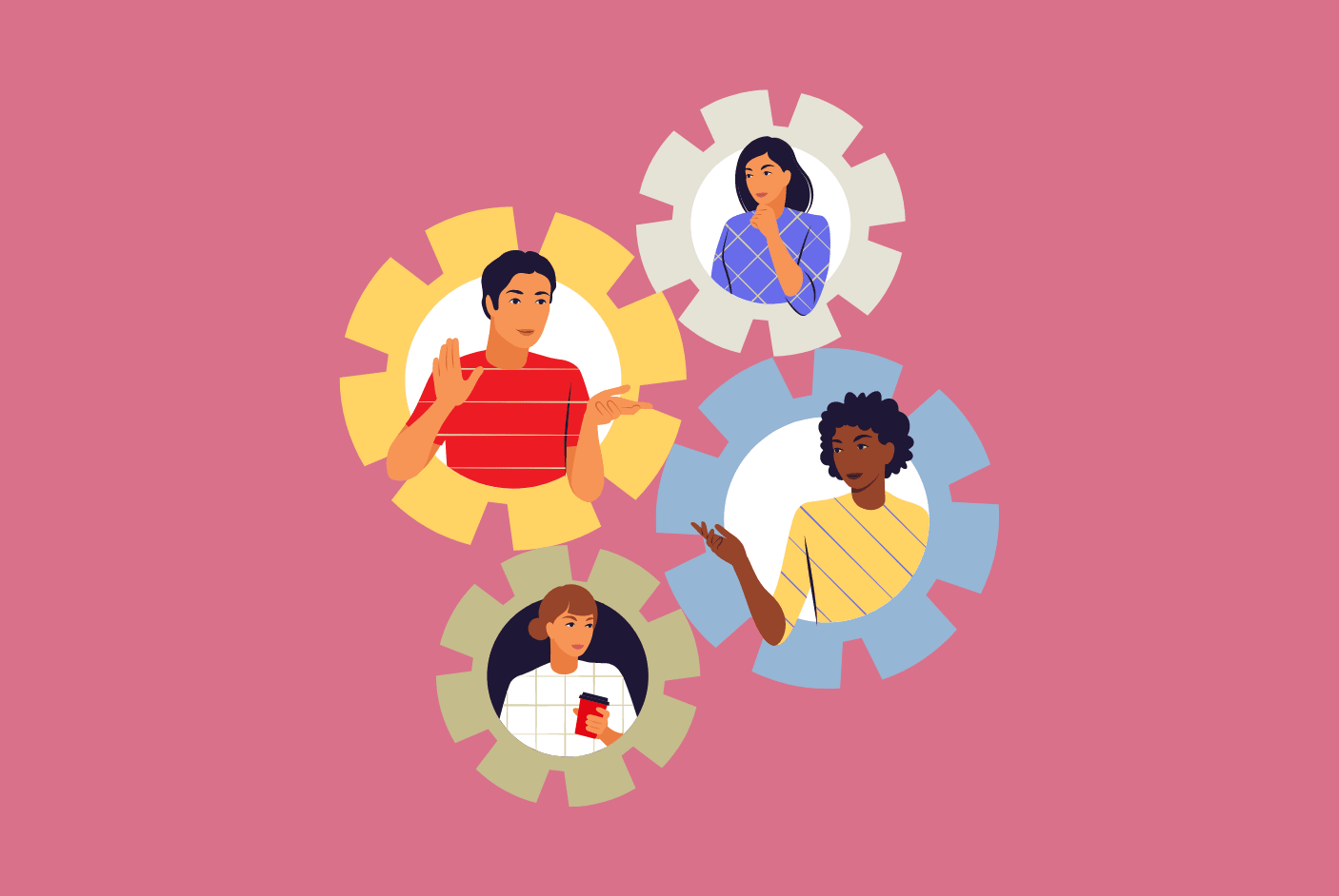 graphic of people in cogwheels collaborating on work