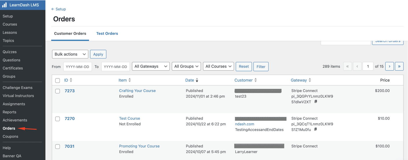 Orders dashboard