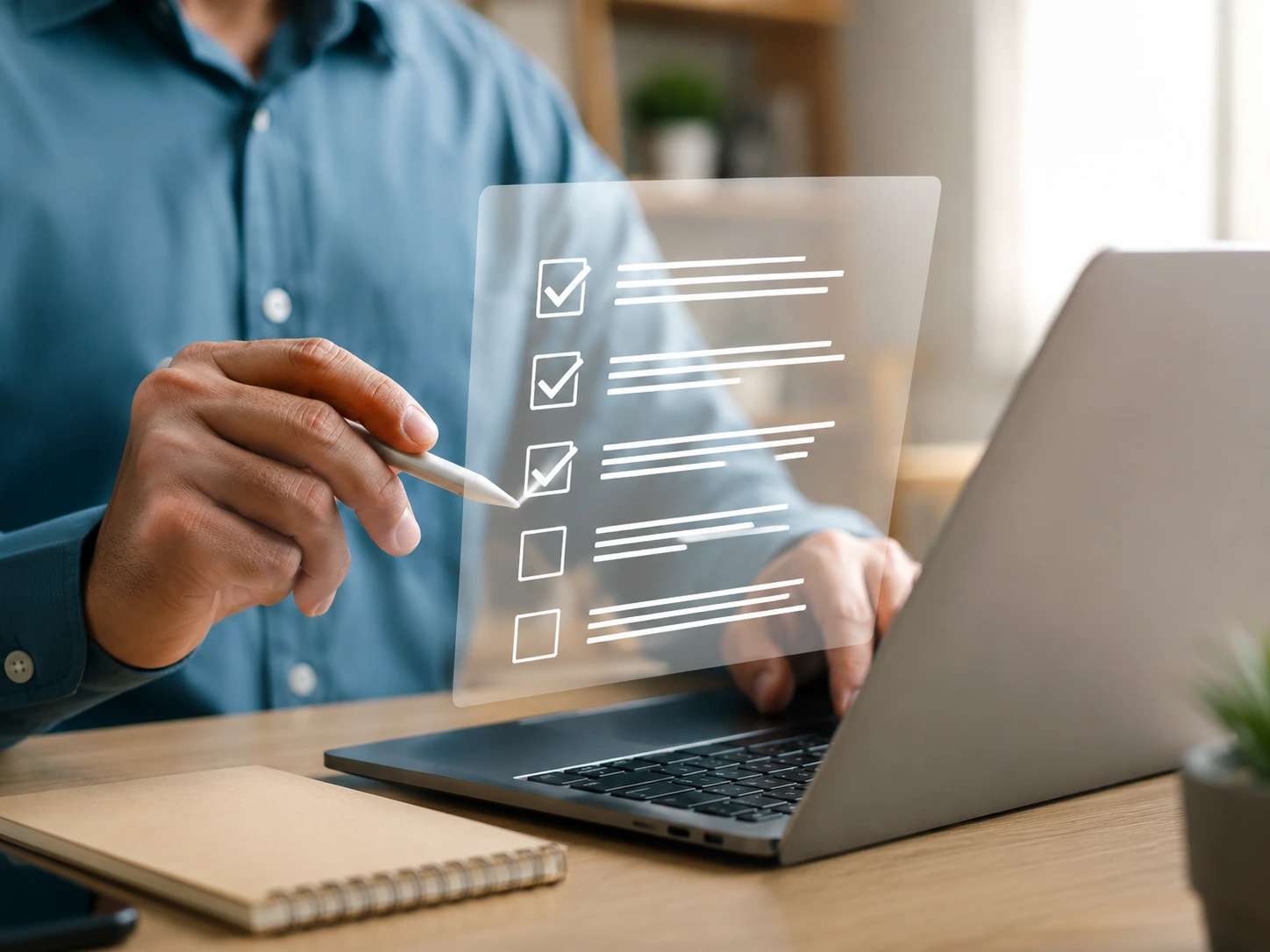 man at laptop with checklist