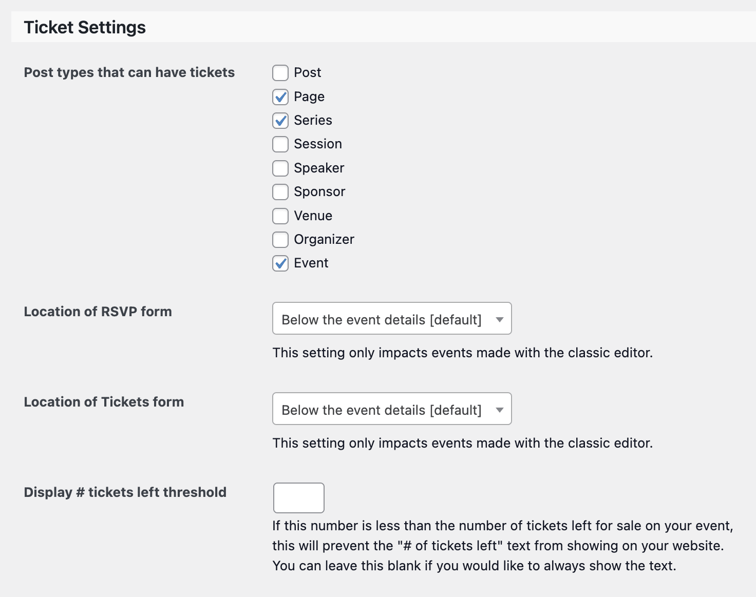 Attendee registration and ticket management settings