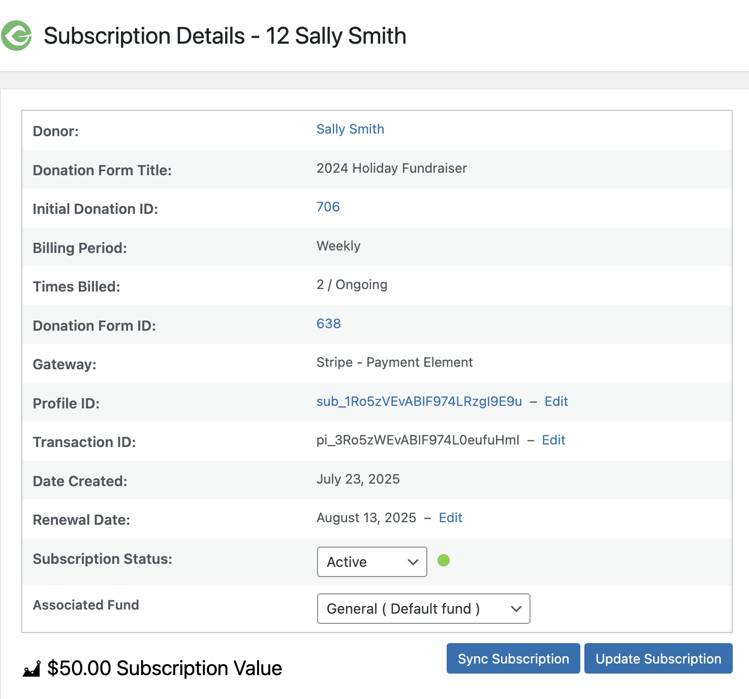 GiveWP subscription detail screen