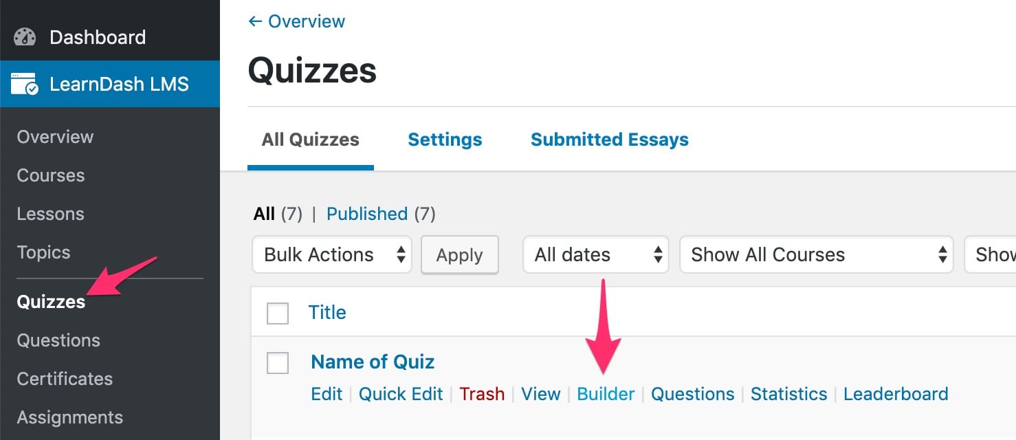 How to access LearnDash quiz builder from list page