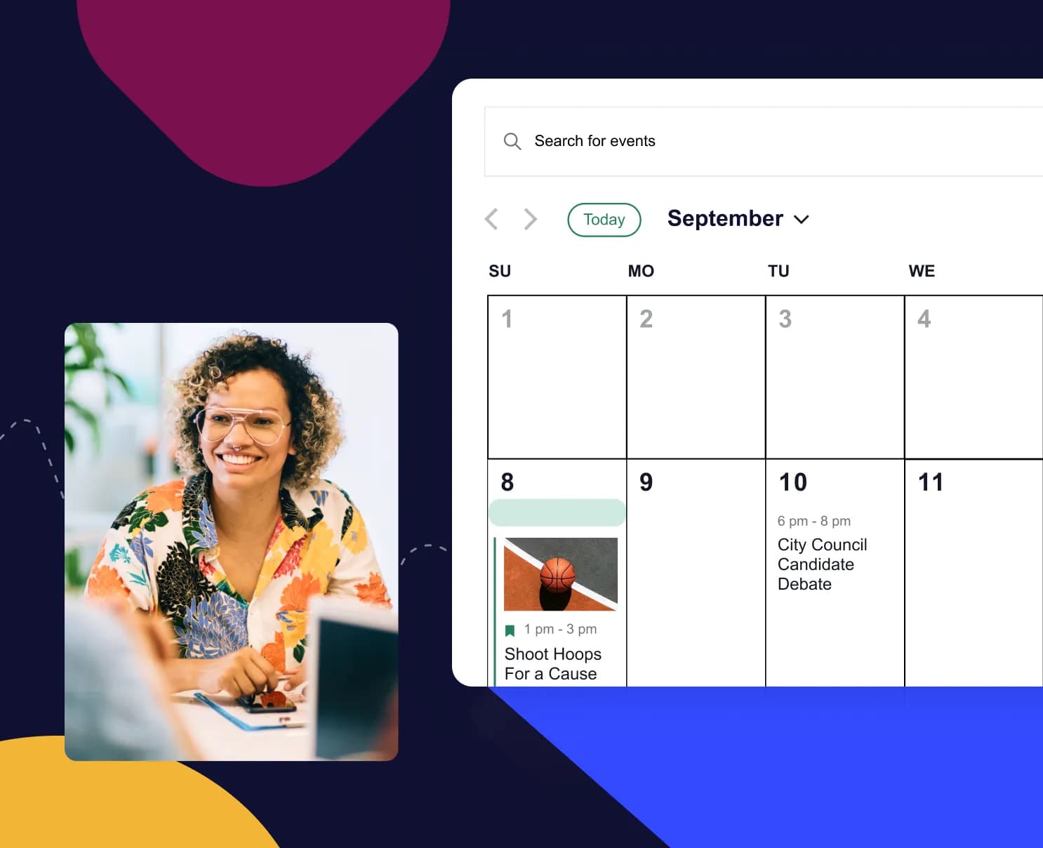 A digital calendar shows 2 events in September, both hosted using a WordPress event management plugin.
