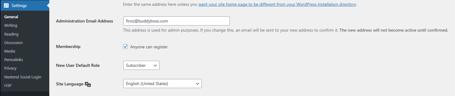 Screenshot of General WordPress Settings