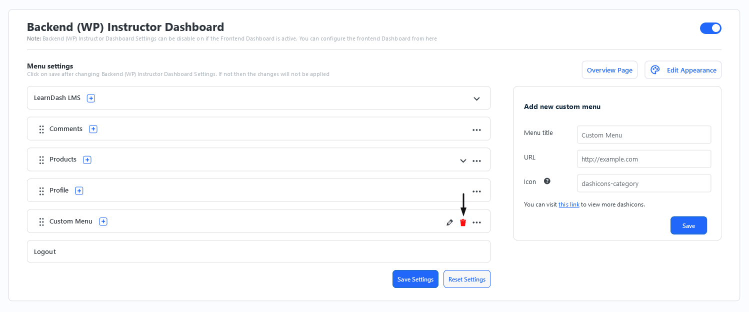 Instructor Dashboard submenus