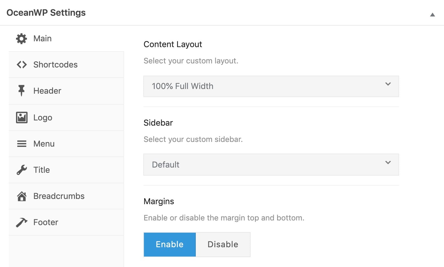 OceanWP page settings