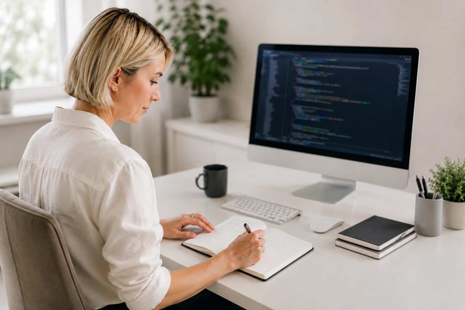 Woman at computer checking dns hosts files