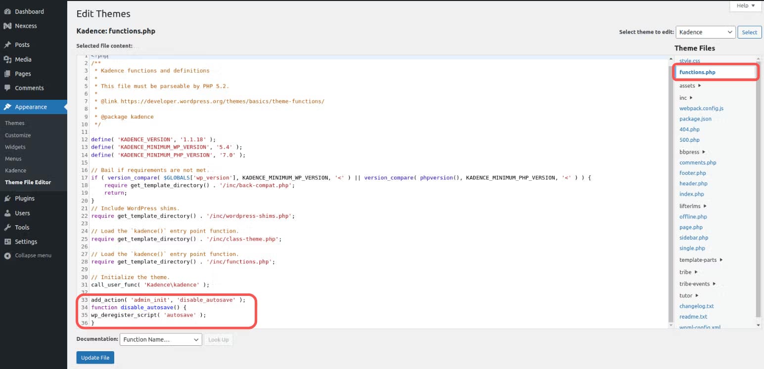 wordpress autosave function screenshot