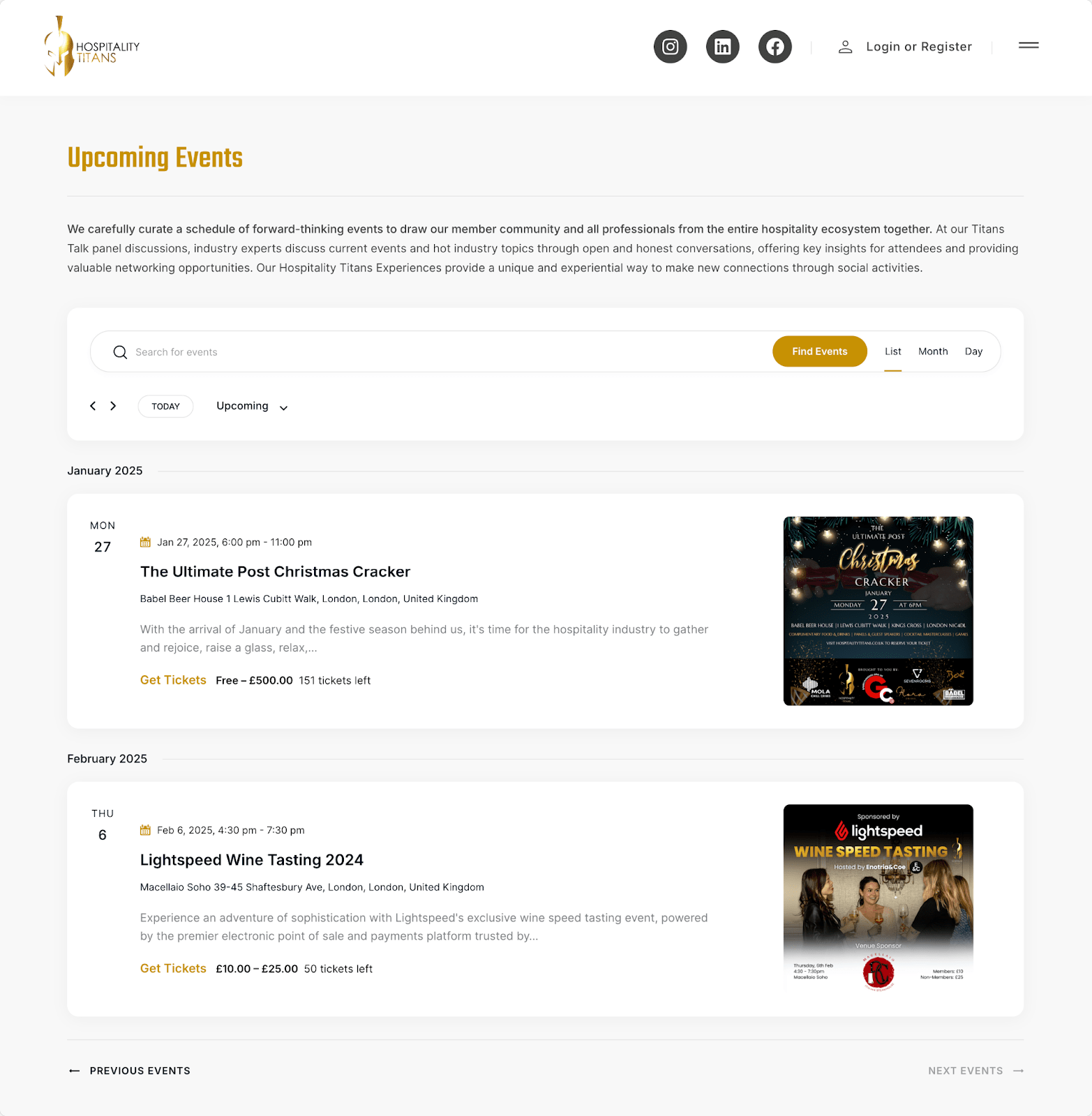 Events listing page for Hospitality Titans displaying the various events offered