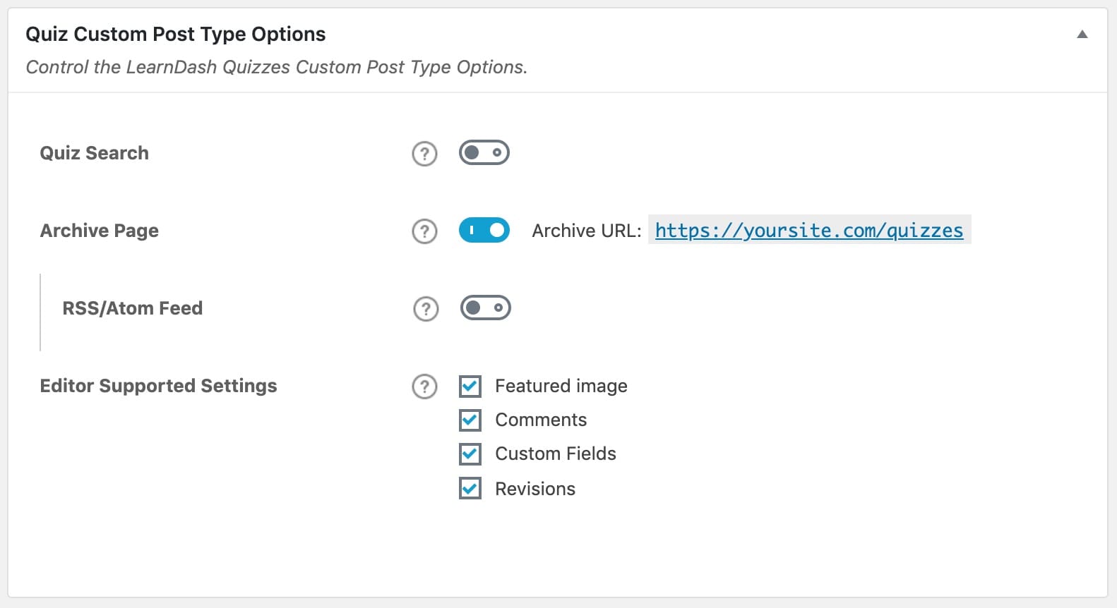 LearnDash quiz custom post type settings