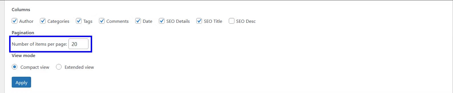 wordpress items per page