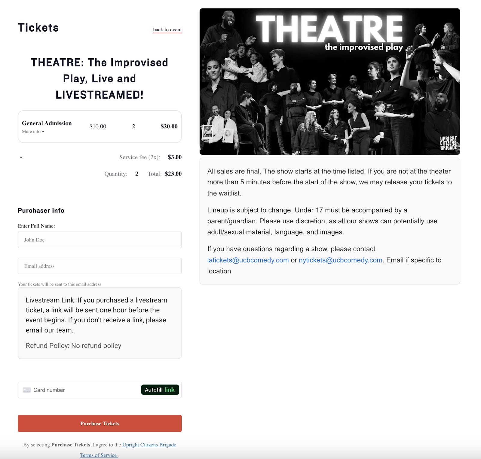 A screenshot of UCB's ticket purchasing page