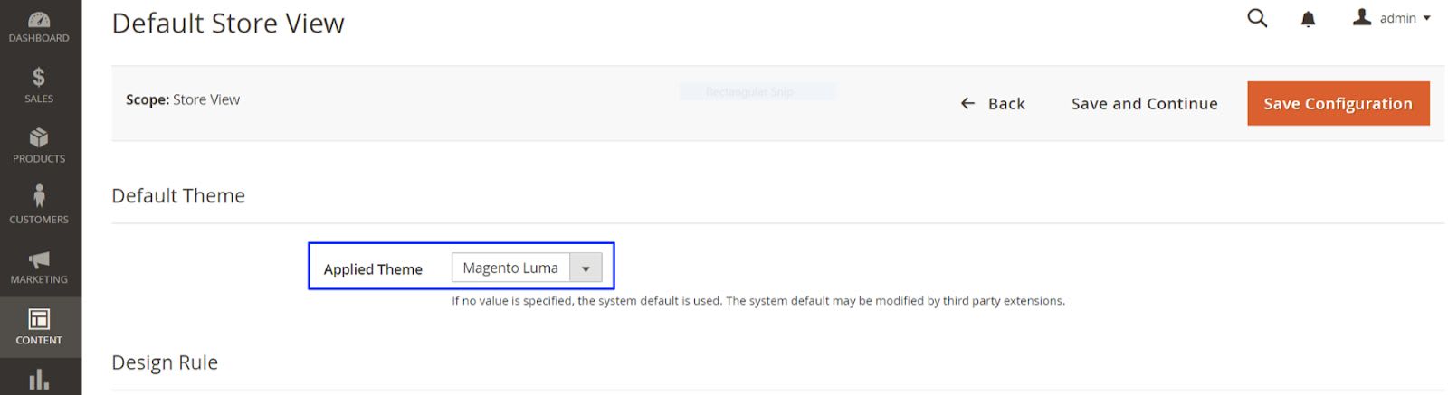 Magento admin area for applying a Magento mobile theme to a store view.