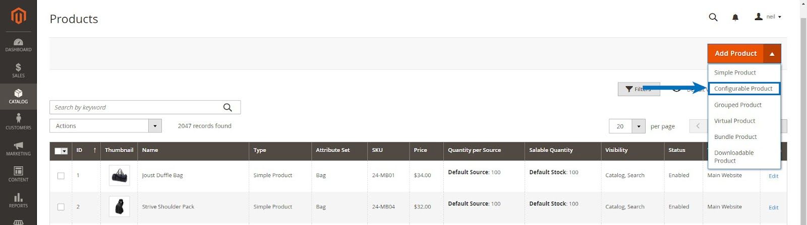 choose the configurable product type in Magento.