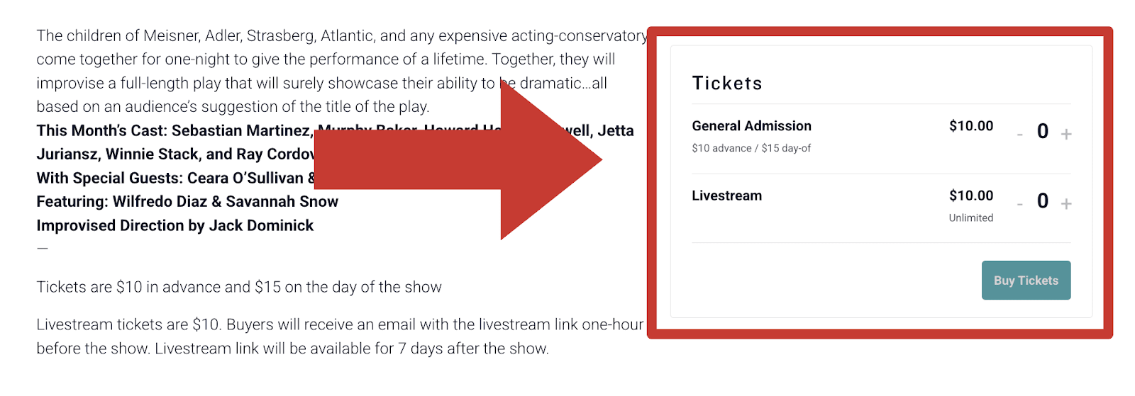 A screenshot of UCB's integration with Event Tickets Plus