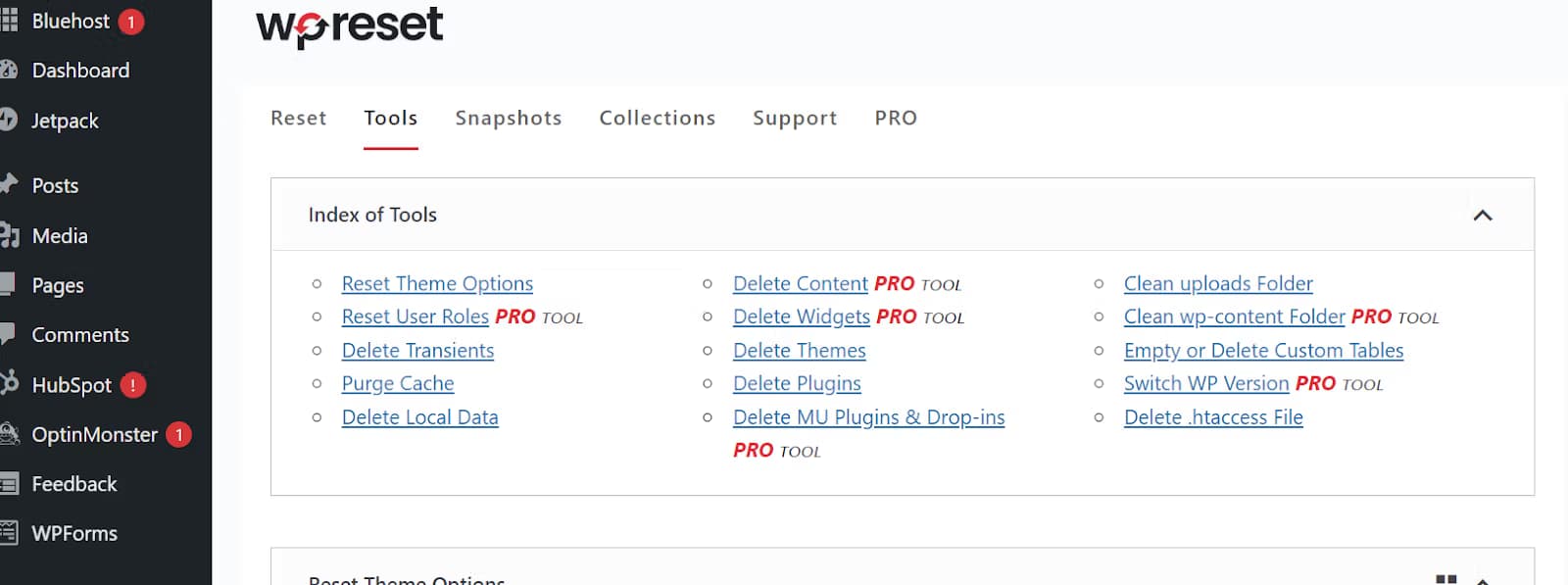 wordpress reset tools page