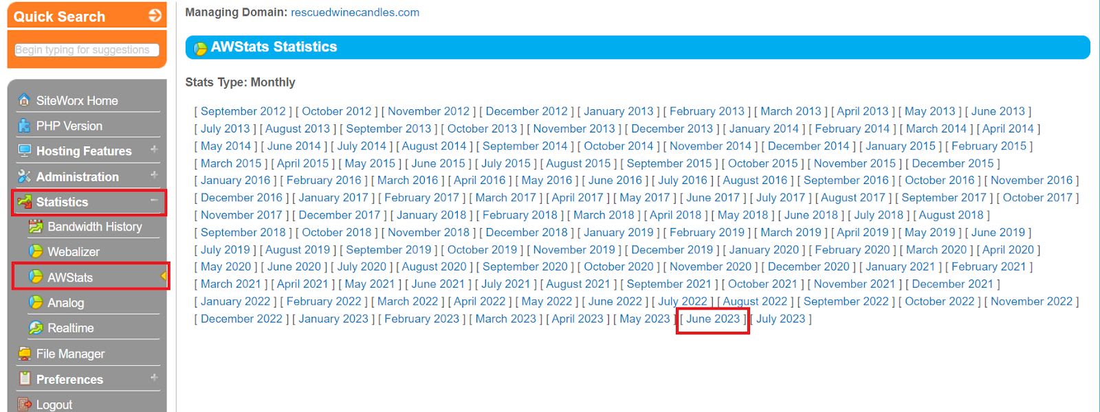 Once you are logged in, you will see a page that looks like the image below. Be sure to navigate to the AWStats Statistics area in the user interface and identify the month for which you want to see data.