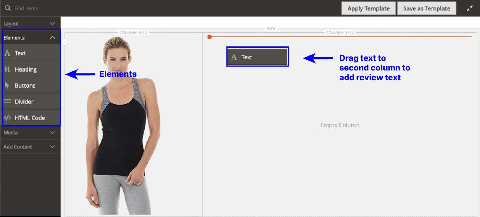 Drag and drop text component to a column in Magento 2 Page Builder staging area