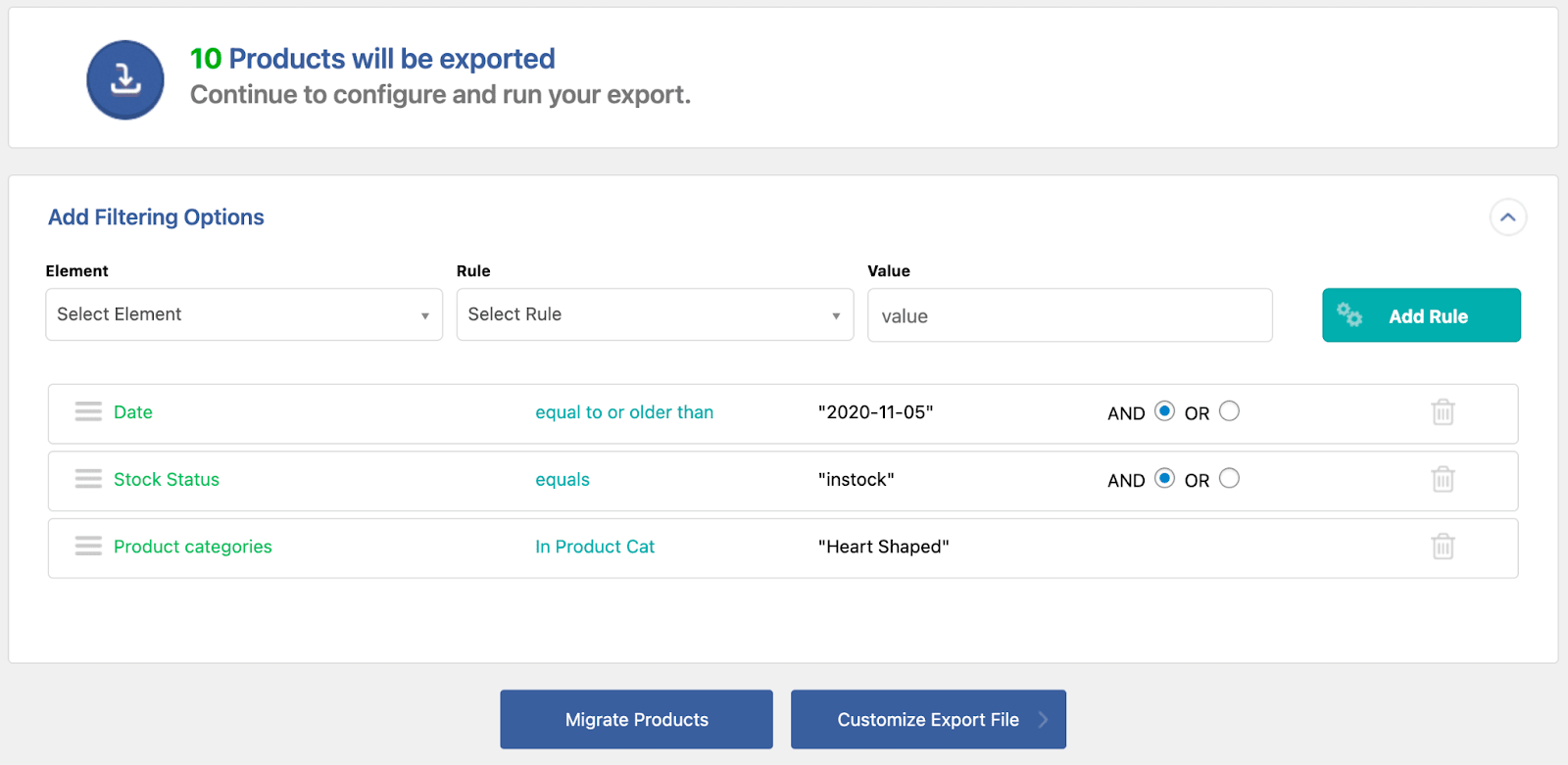 Exporting products that are in stock in the category “Heart Shaped