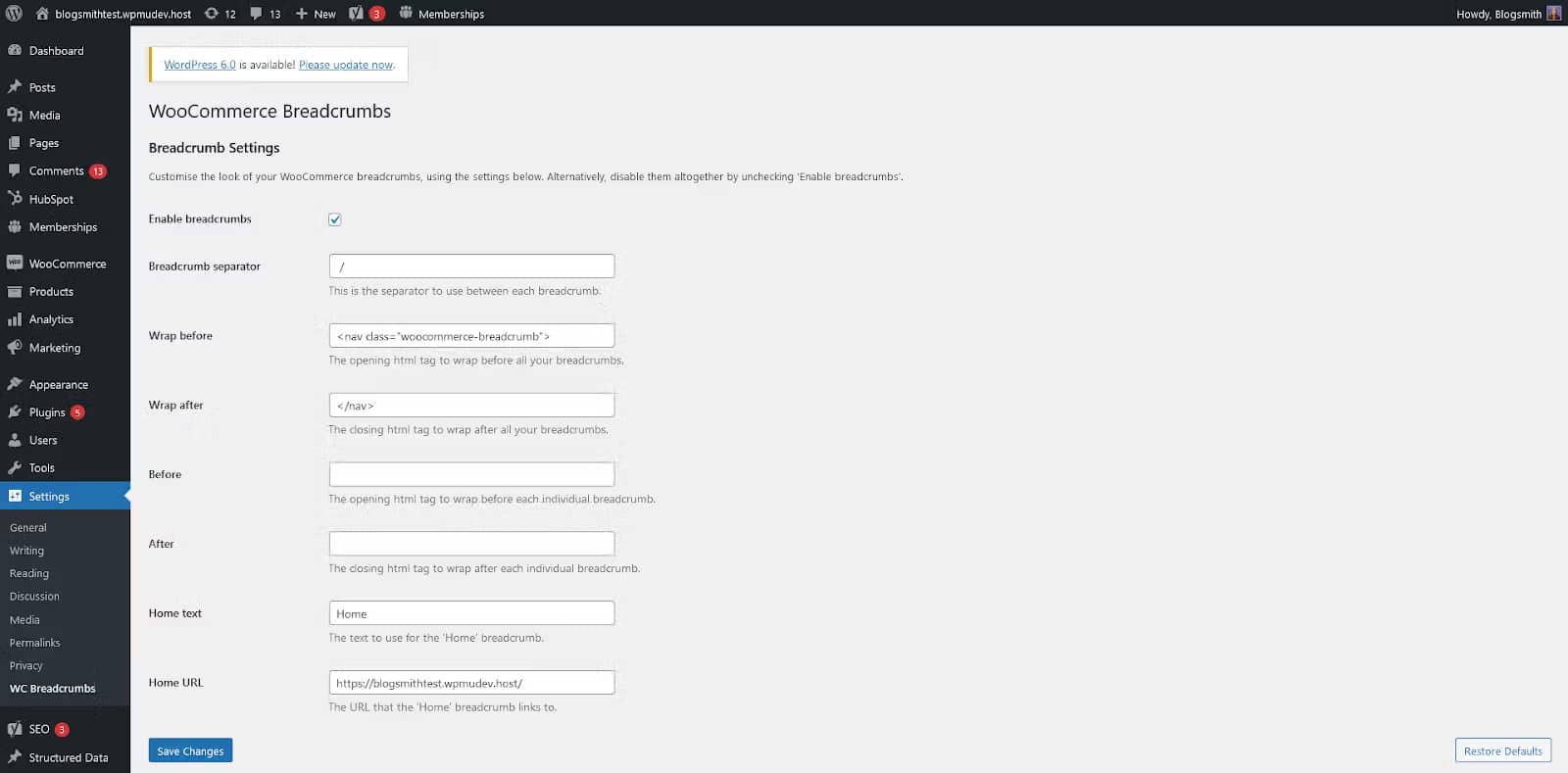 breadcrumbs for woocommerce