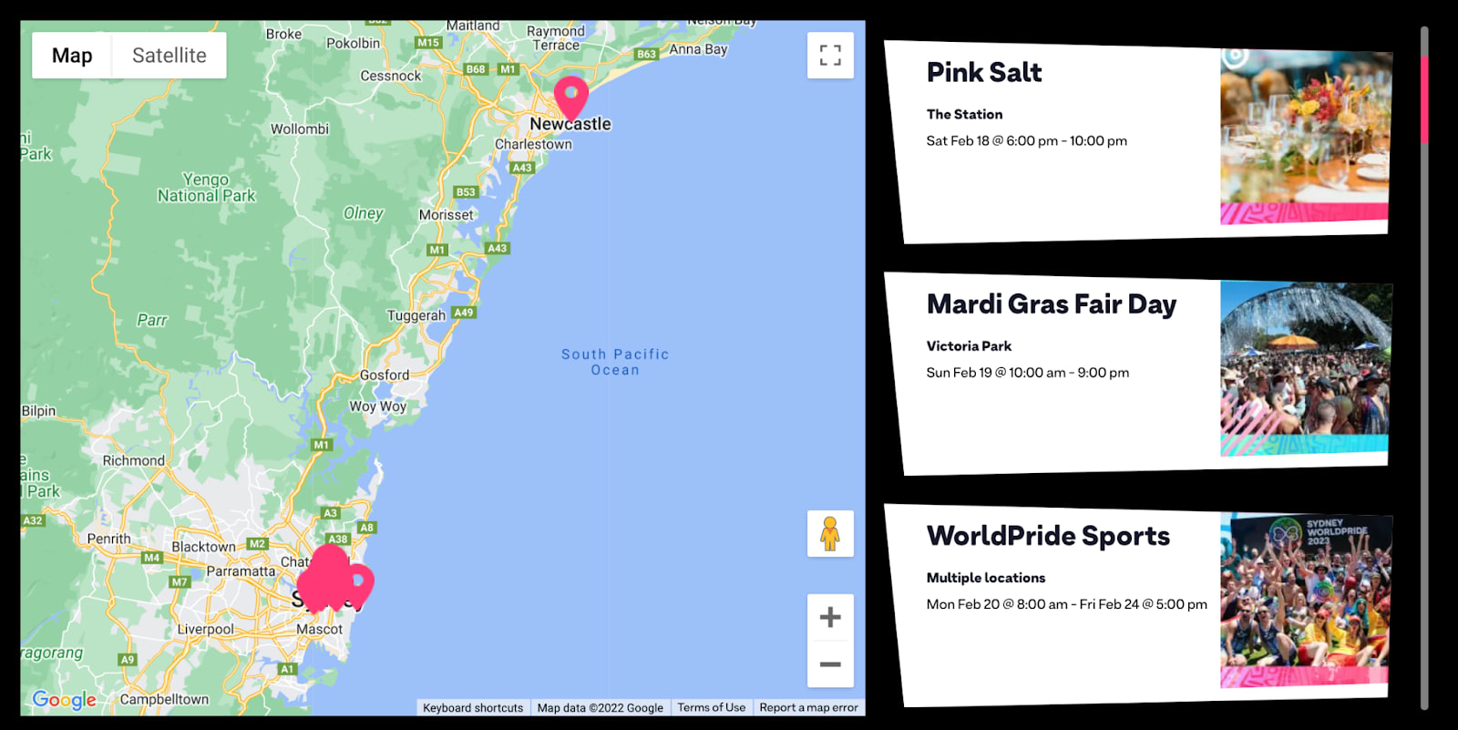 Map View calendar page in our latest WordPress calendar example
