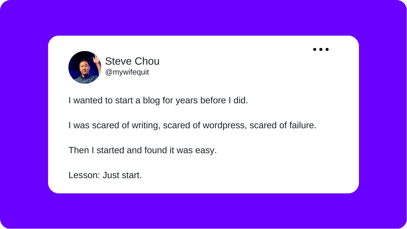 A tweet from Steve Chou layered over a purple background that reads