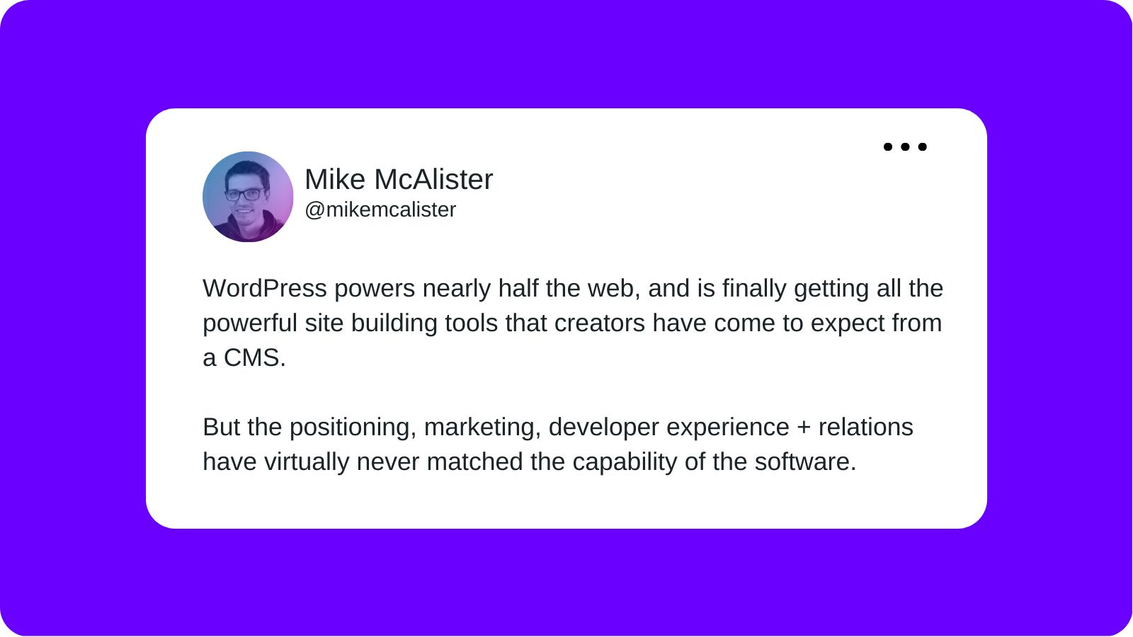A tweet from Mike McAlister layered over a purple background that reads