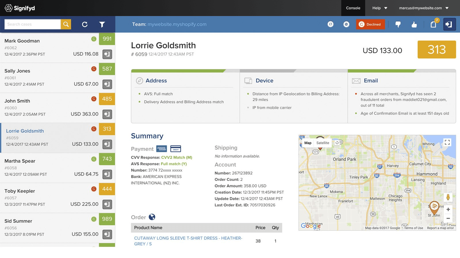 Signifyd Magento chargeback protection software dashboard.