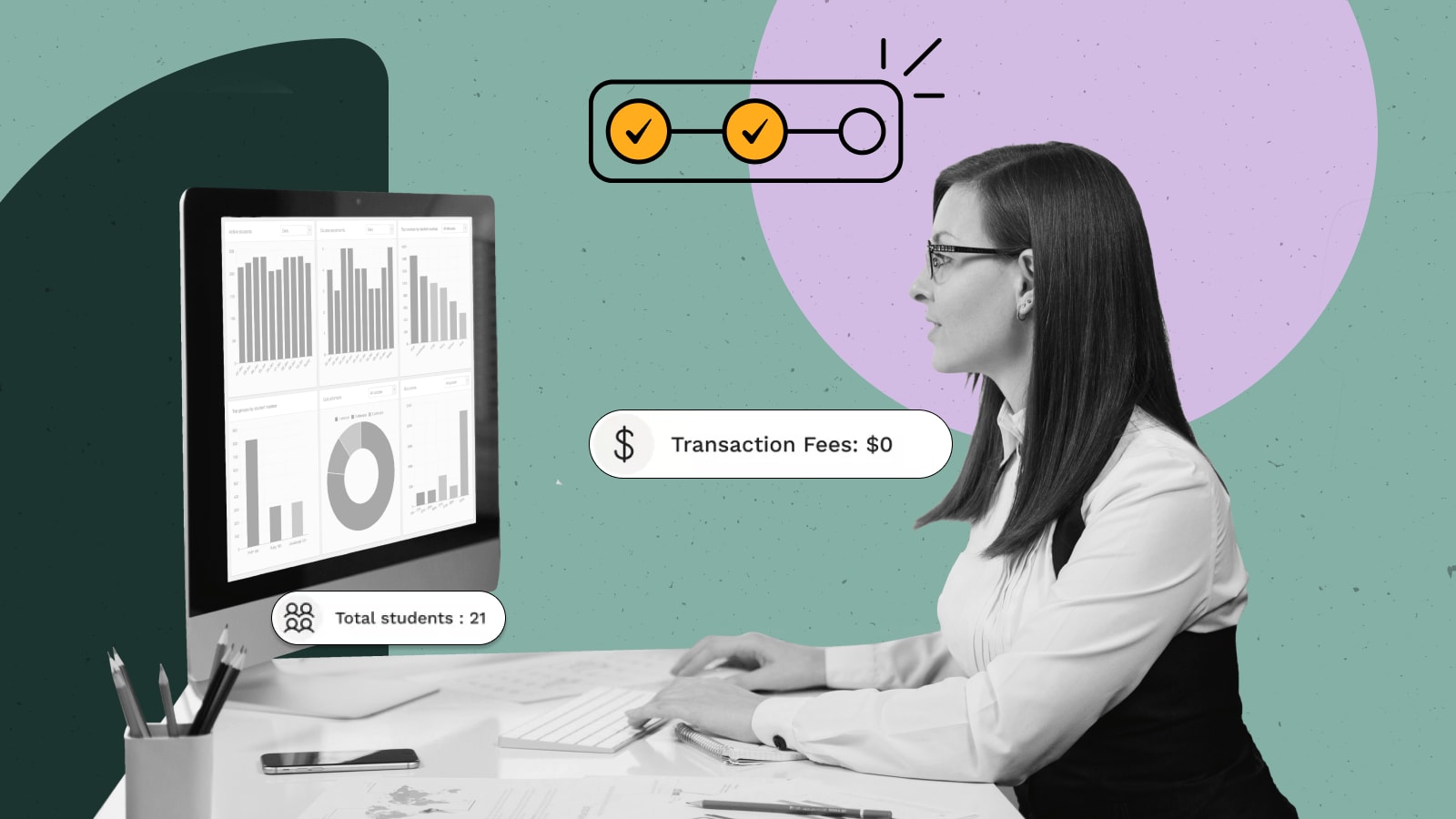 Woman looking at a computer screen tracking LMS analytics