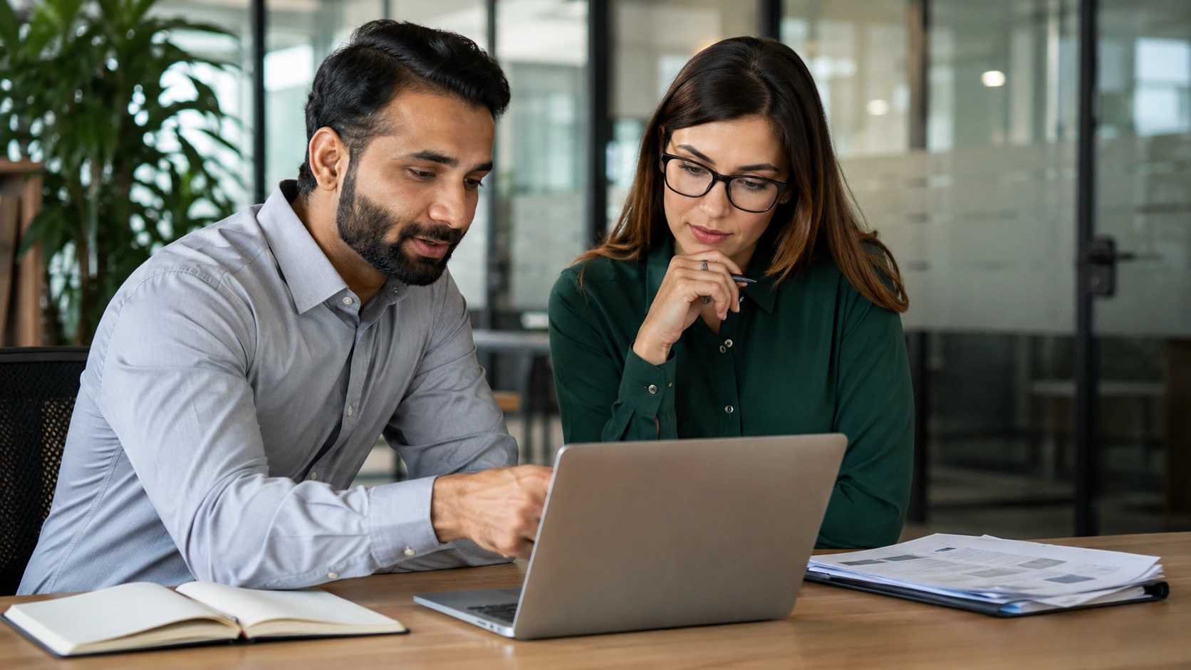 woman and man looking at laptop together