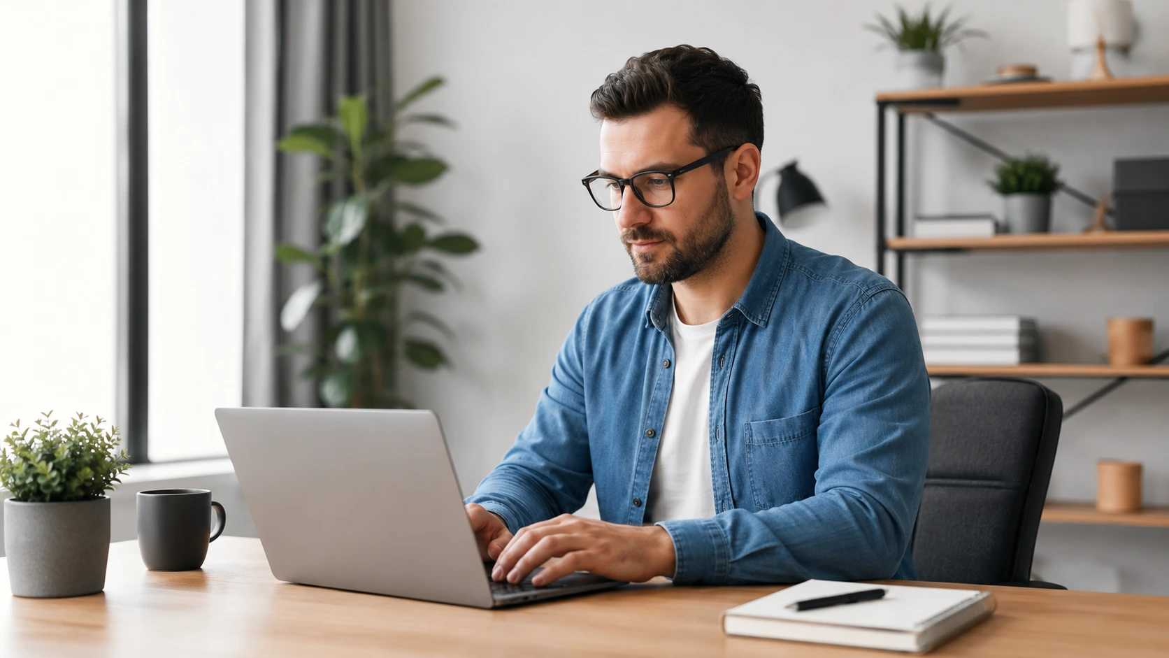 Man working on a laptop at a desk in a modern home office.