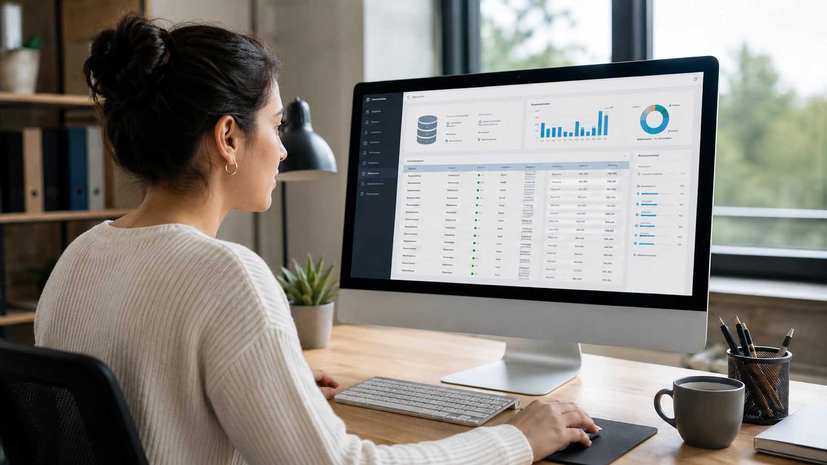 Woman viewing a database dashboard on a large desktop monitor in a modern office.