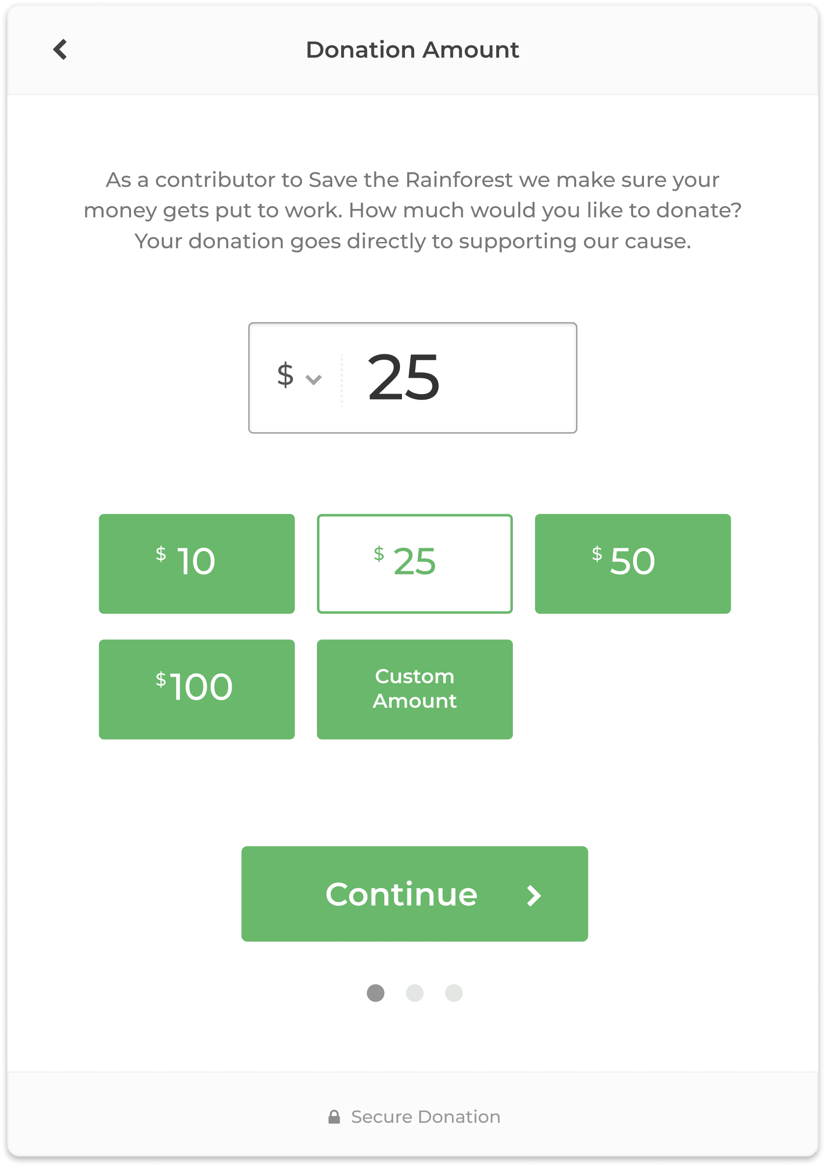 A donation form with suggested donation amounts of $10, $25, $50, $100, and Other