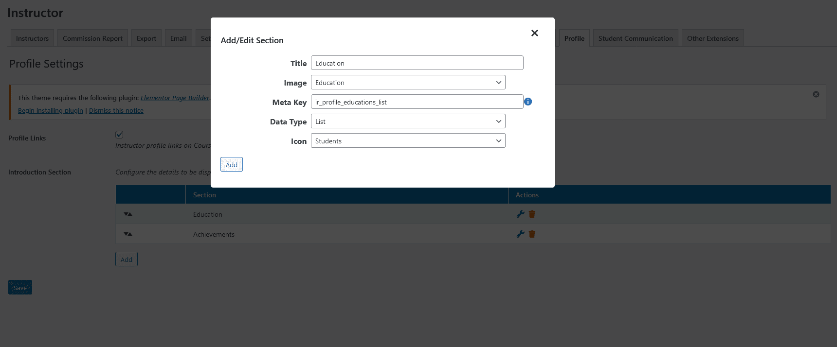 Edit Section Pop-up Box