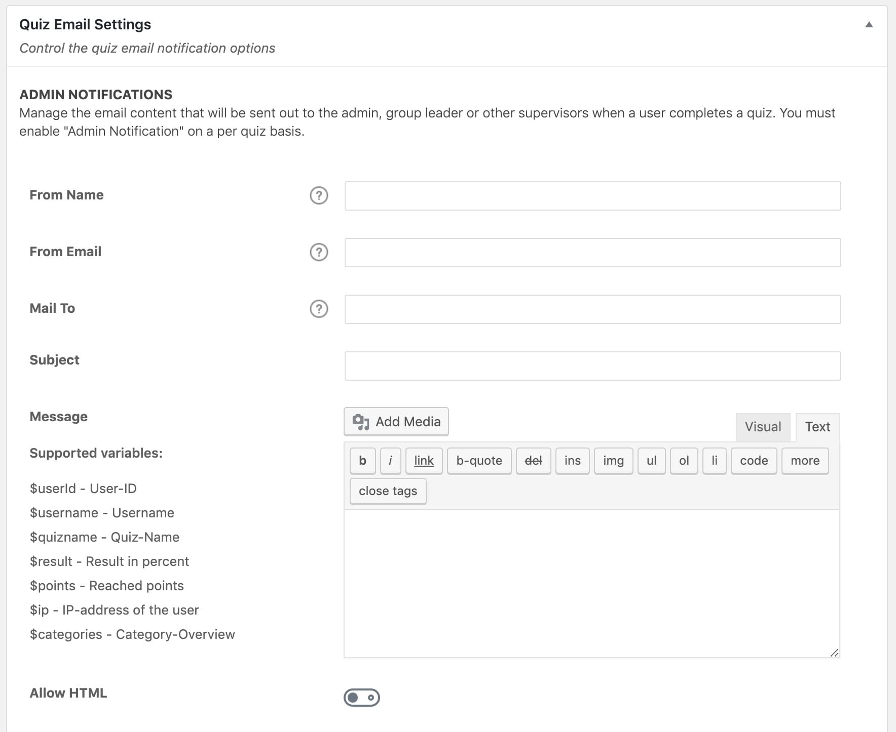 LearnDash global quiz email settings