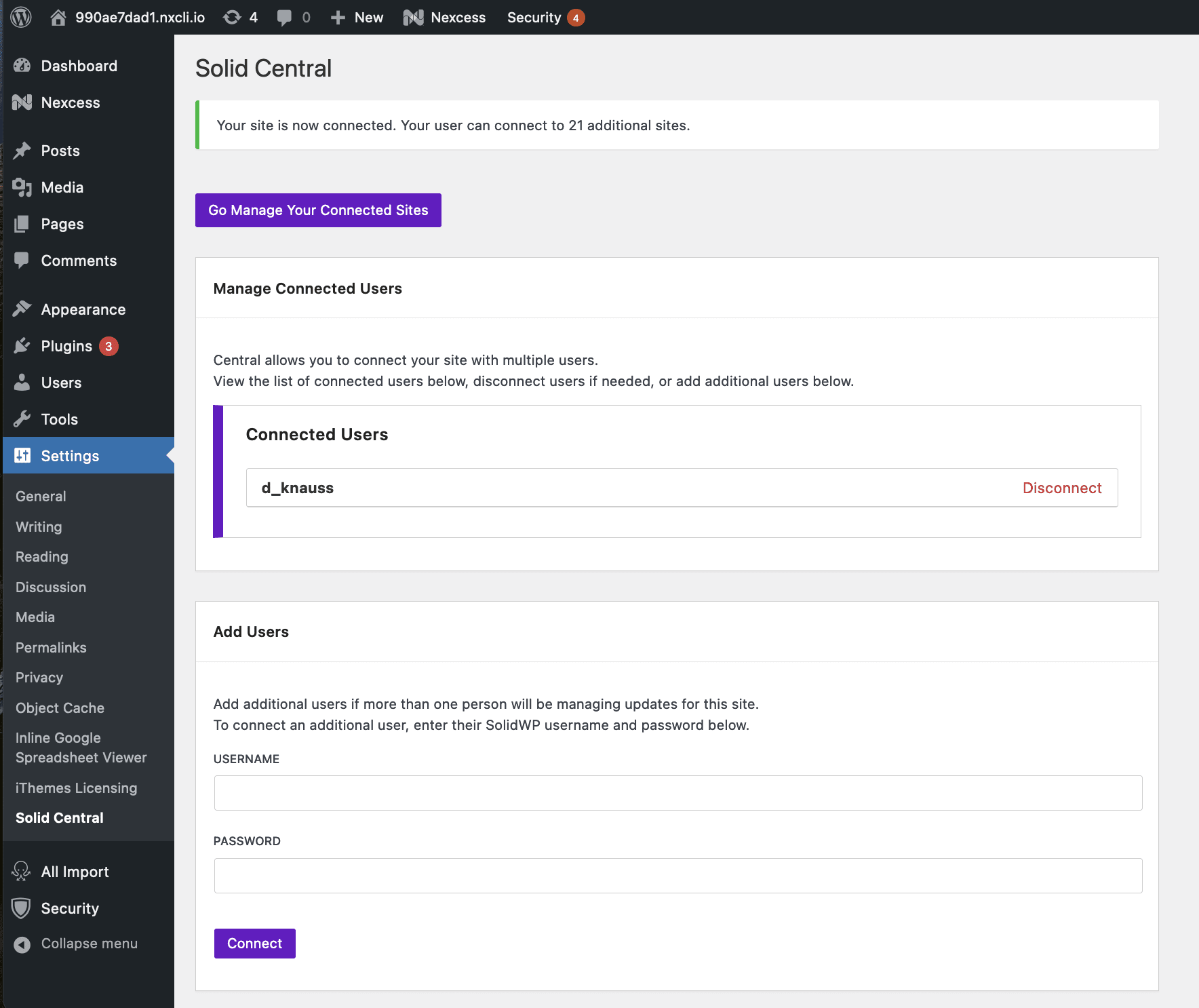 Solid Central client plugin settings screen.